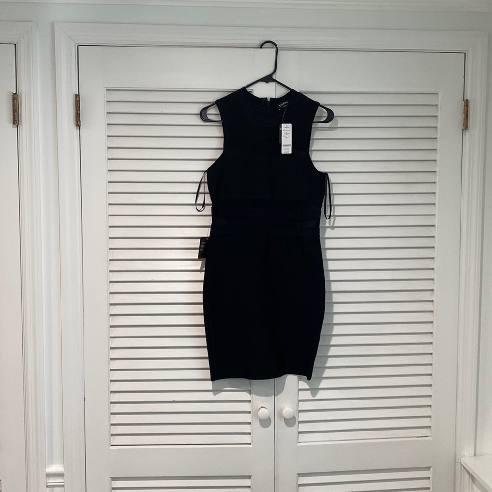 BEBE SHADOW MESH STRIPES MINI DRESS